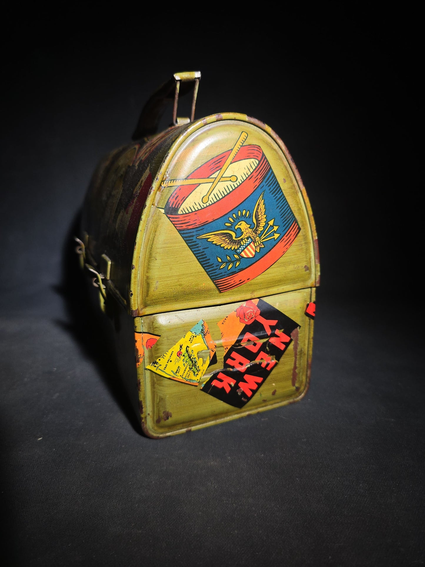 Vintage Tin Dome-Top Lunch Box with Faux Decoupage Americana and New England Travel Graphics including Eagles, State Pennants, Maps, and Flags