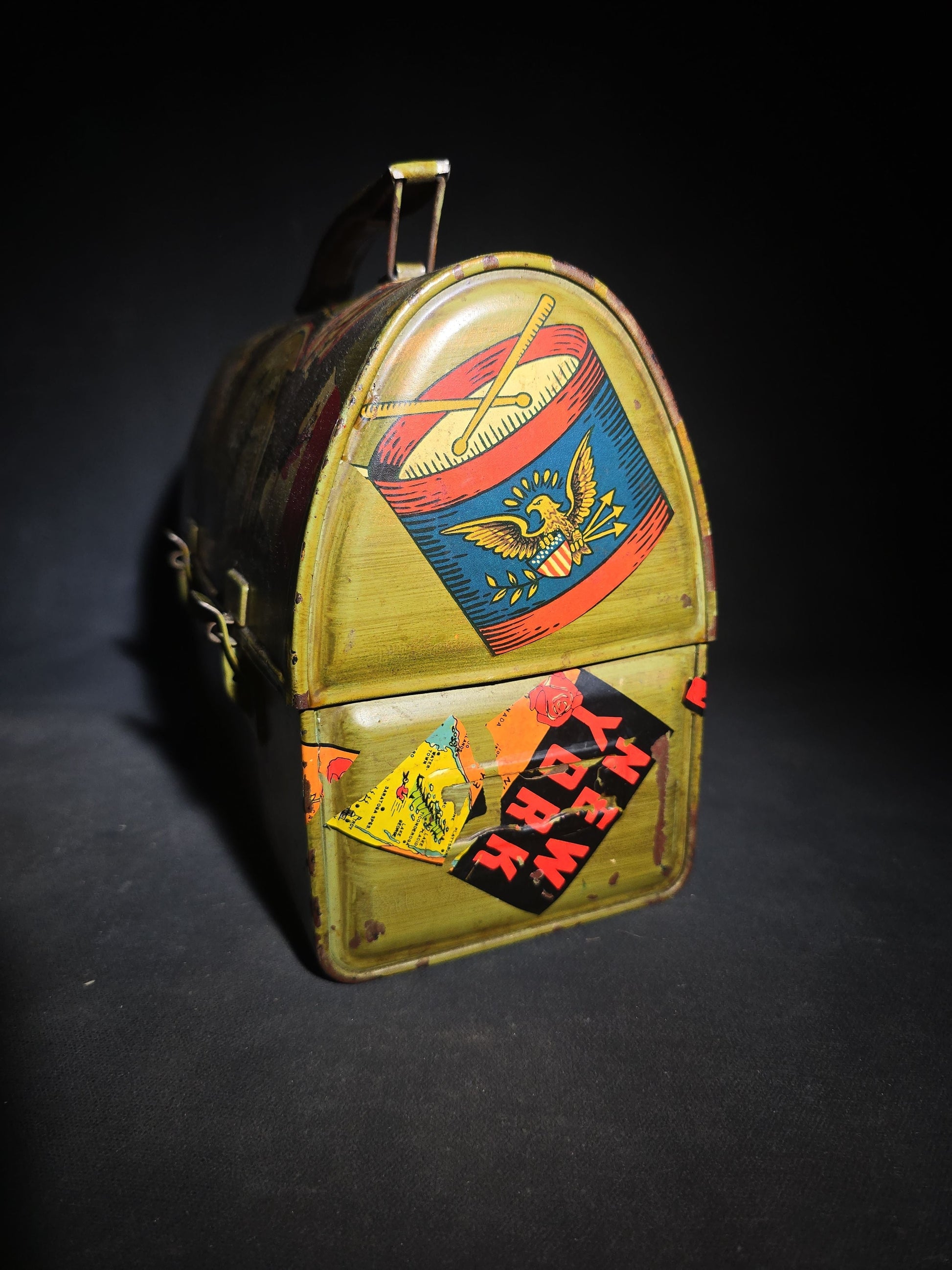 Vintage Tin Dome-Top Lunch Box with Faux Decoupage Americana and New England Travel Graphics including Eagles, State Pennants, Maps, and Flags