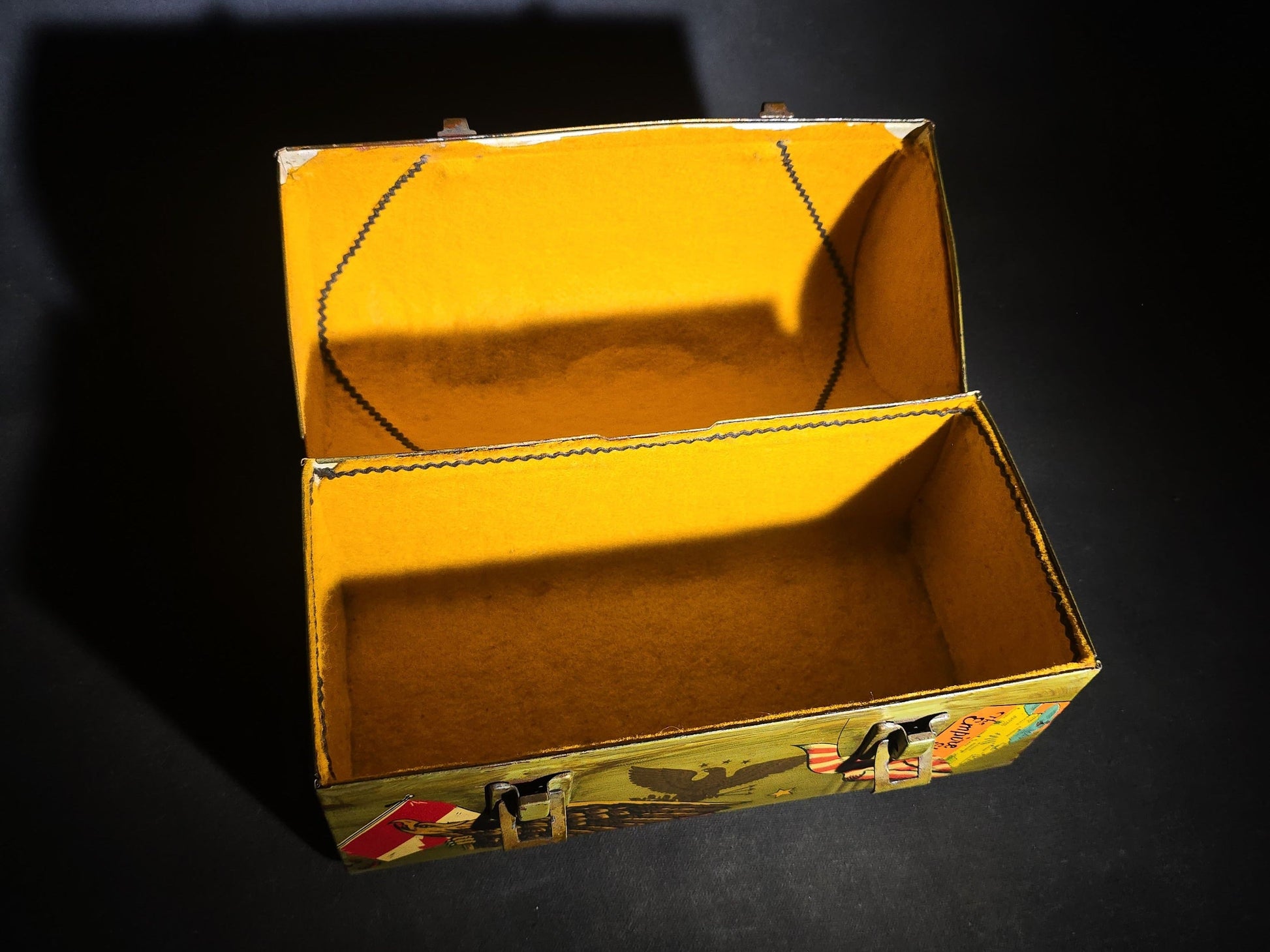 Vintage Tin Dome-Top Lunch Box with Faux Decoupage Americana and New England Travel Graphics including Eagles, State Pennants, Maps, and Flags