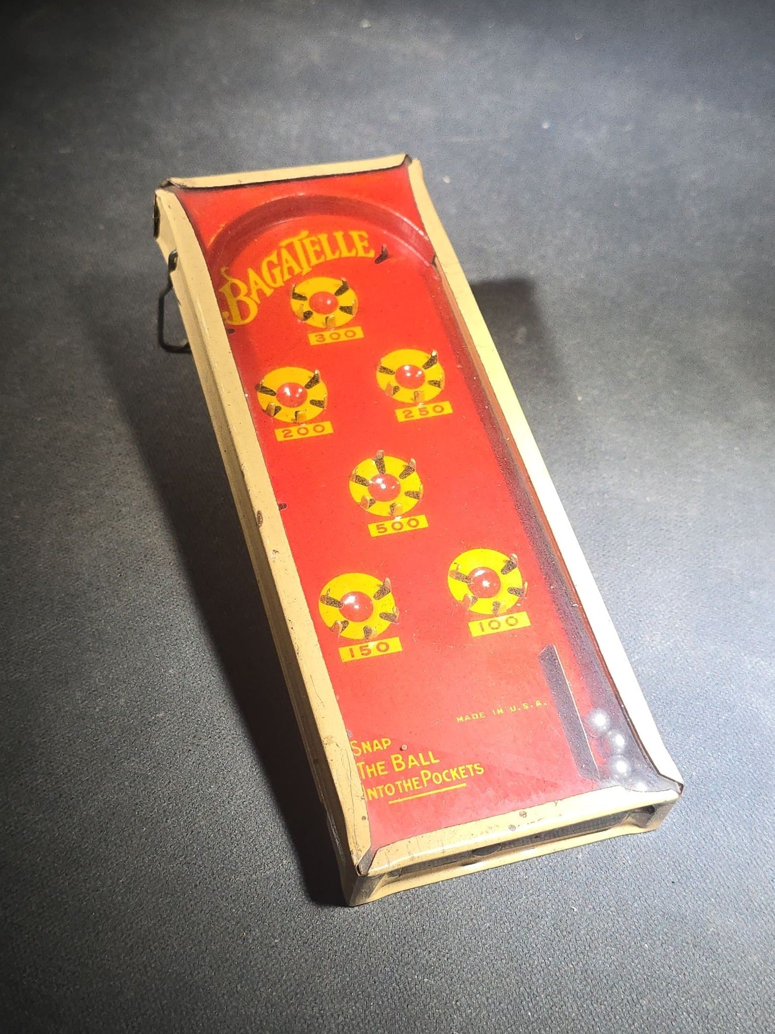 Vintage Tin Lithograph "Bagatelle" Tabletop Pinball Game with Spring Launcher and Steel Balls, Made in U.S.A.