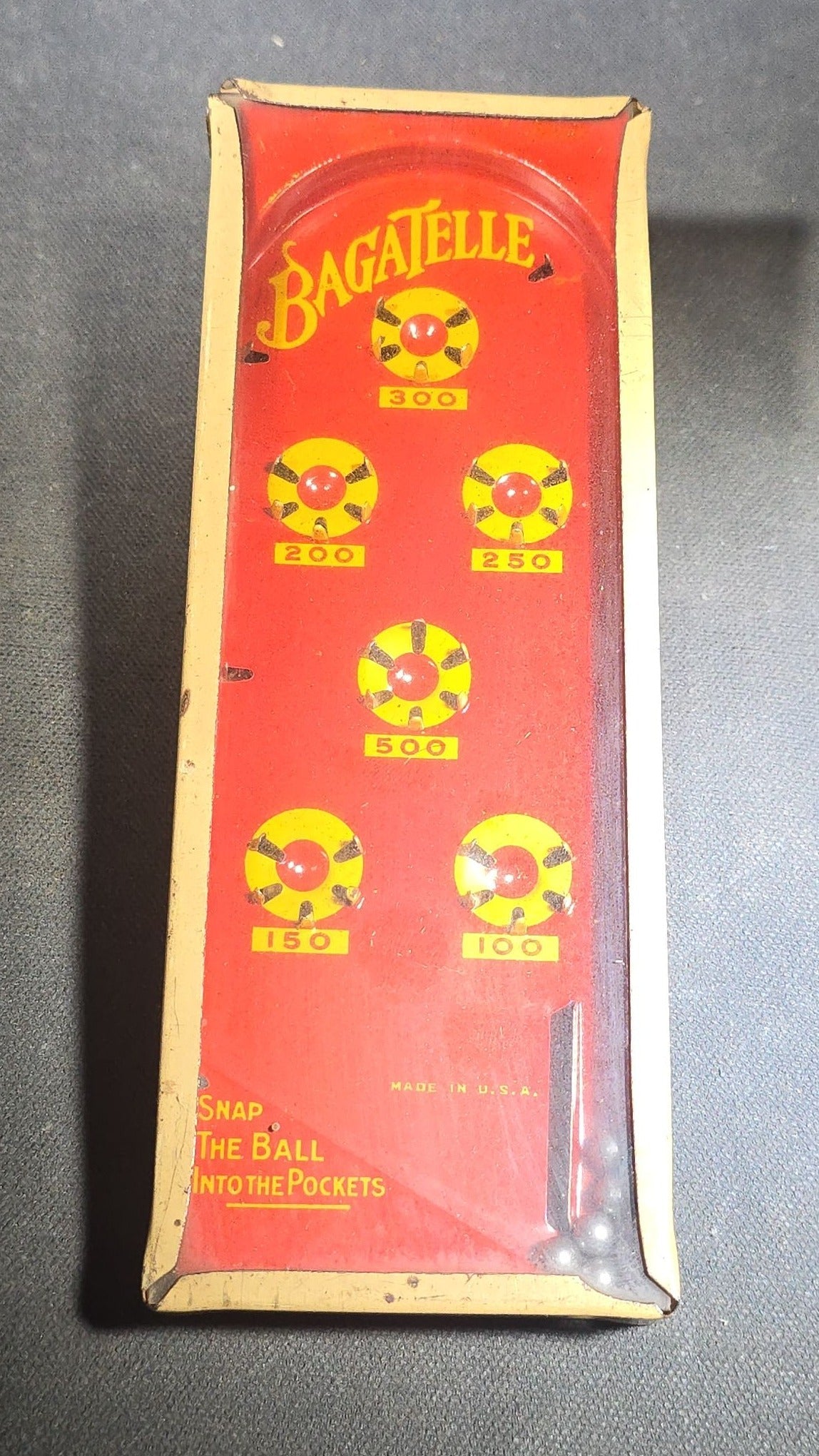 Vintage Tin Lithograph "Bagatelle" Tabletop Pinball Game with Spring Launcher and Steel Balls, Made in U.S.A.