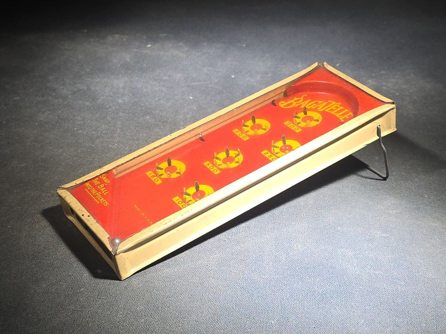Vintage Tin Lithograph "Bagatelle" Tabletop Pinball Game with Spring Launcher and Steel Balls, Made in U.S.A.
