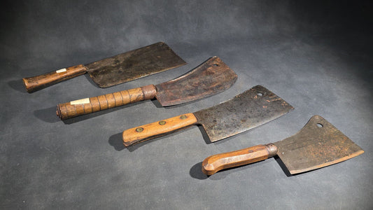 Grouping of Four Antique and Vintage Wood-Handled Meat Cleavers including Simco U.S.A.