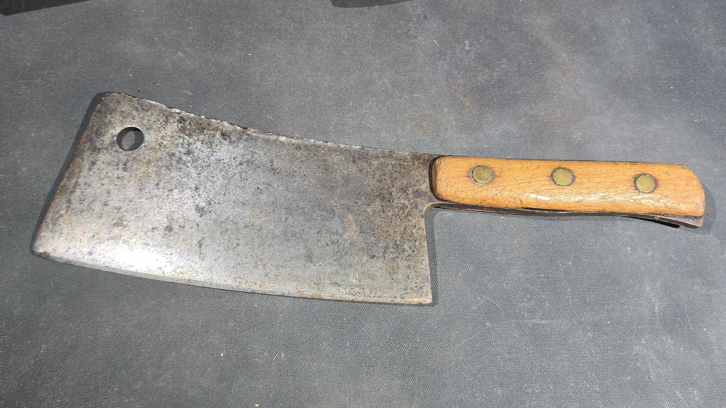 Grouping of Four Antique and Vintage Wood-Handled Meat Cleavers including Simco U.S.A.