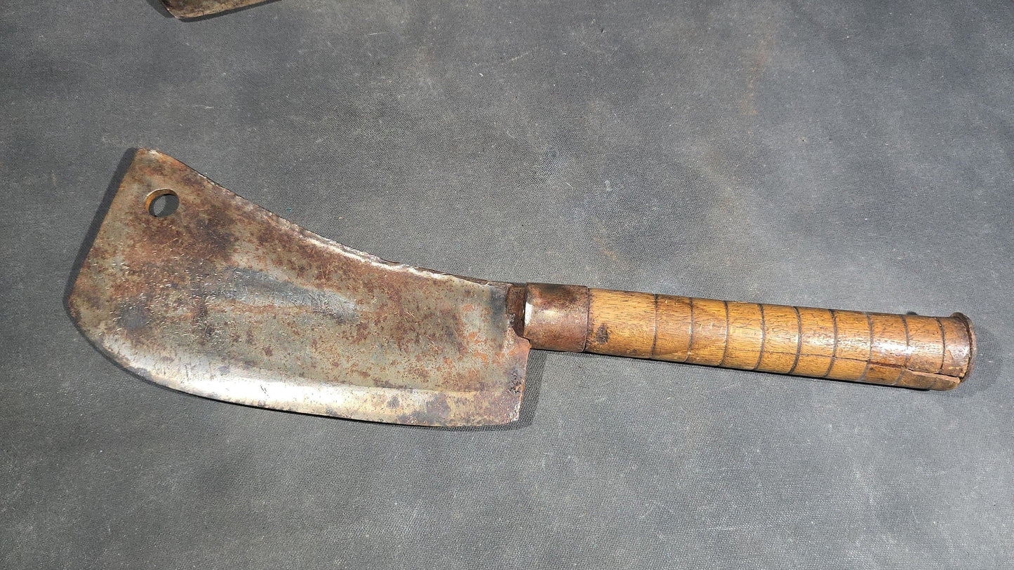 Grouping of Four Antique and Vintage Wood-Handled Meat Cleavers including Simco U.S.A.