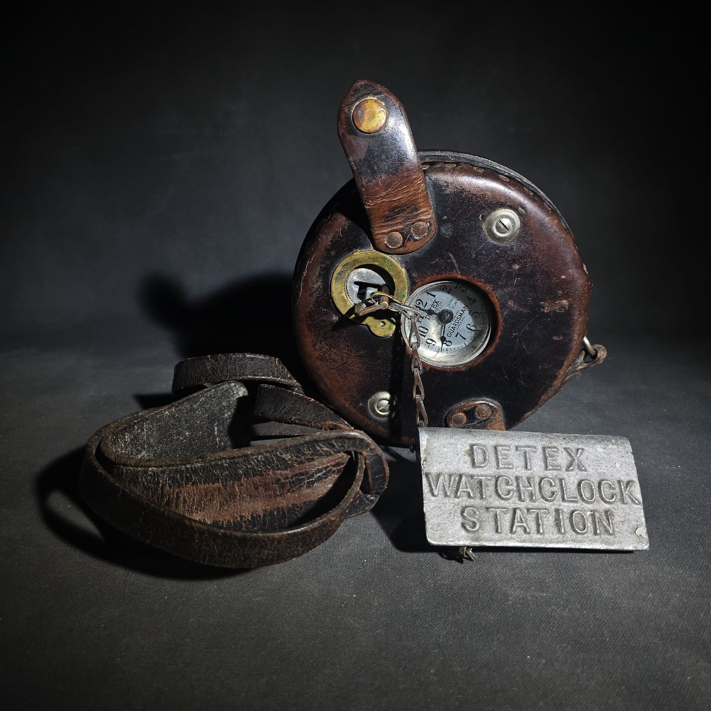 Vintage Detex Guardsman Night Watchman's Watchclock in Leather Case with Detex Watchclock Station Plate