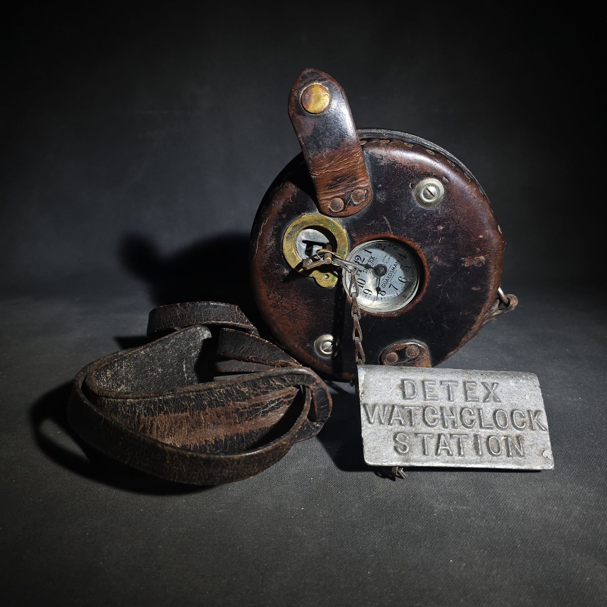 Vintage Detex Guardsman Night Watchman's Watchclock in Leather Case with Detex Watchclock Station Plate
