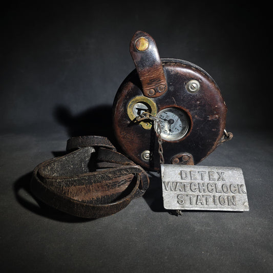 Vintage Detex Guardsman Night Watchman's Watchclock in Leather Case with Detex Watchclock Station Plate