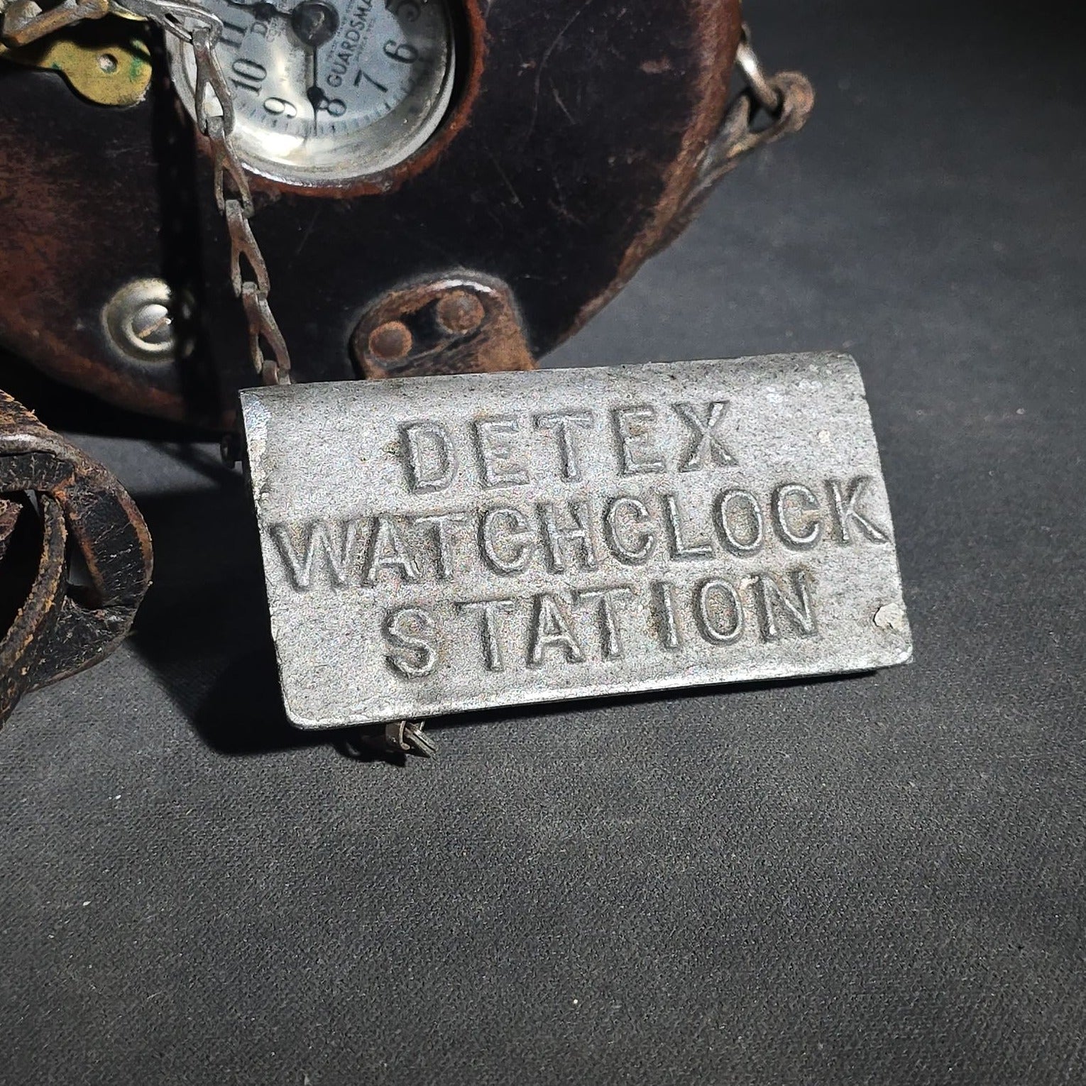 Vintage Detex Guardsman Night Watchman's Watchclock in Leather Case with Detex Watchclock Station Plate