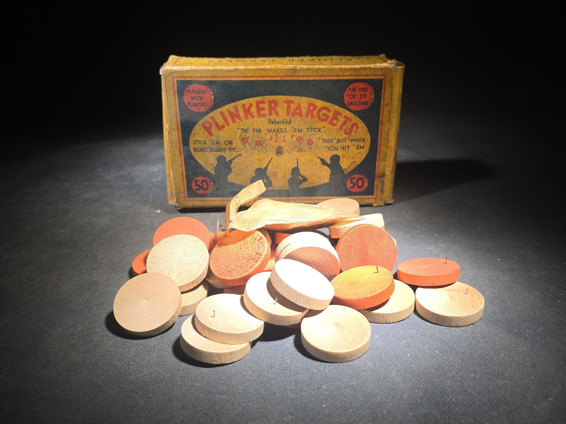 Vintage "Plinker Targets" Patented Wooden .22 Shooting Target Set in Original Box, Manufactured by E. L. Tebbets Spool Company, Lockes Mills, Maine