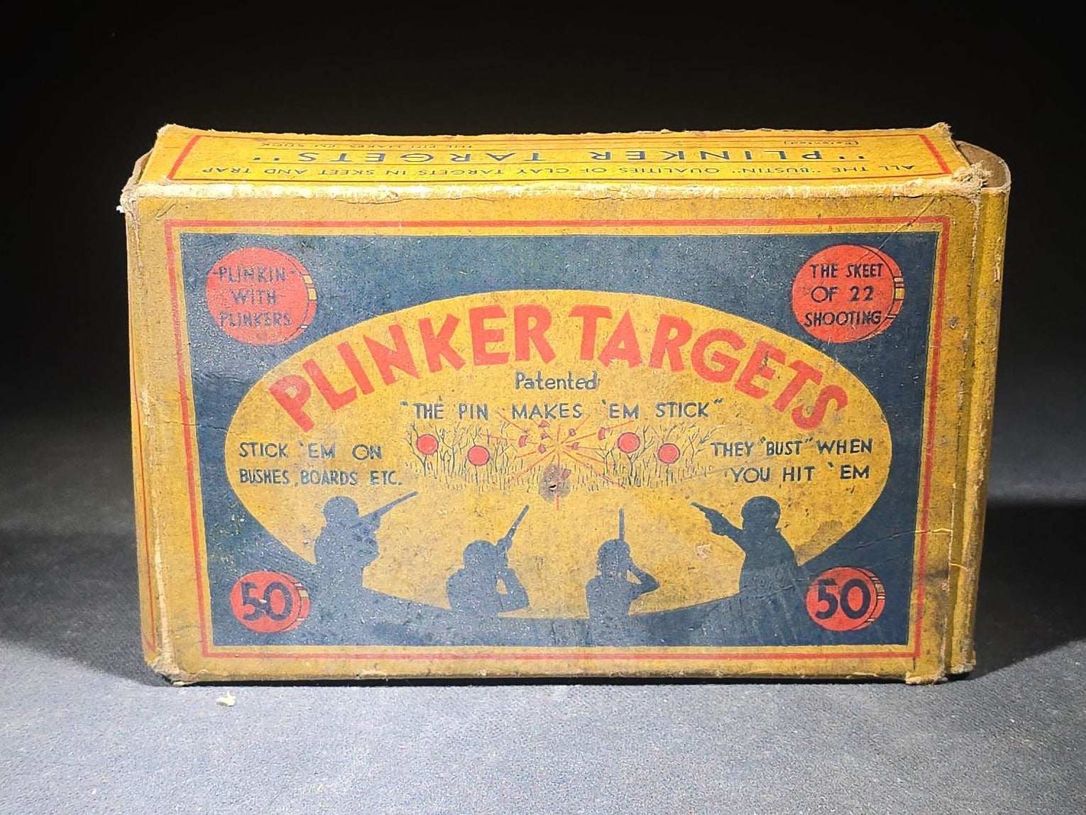 Vintage "Plinker Targets" Patented Wooden .22 Shooting Target Set in Original Box, Manufactured by E. L. Tebbets Spool Company, Lockes Mills, Maine