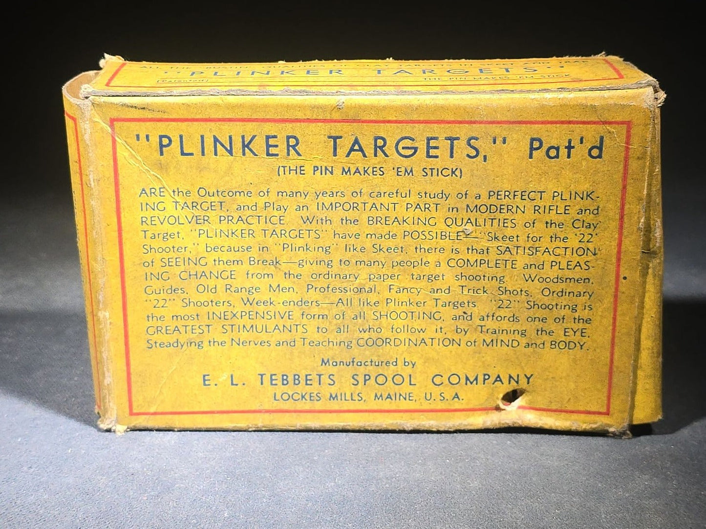 Vintage "Plinker Targets" Patented Wooden .22 Shooting Target Set in Original Box, Manufactured by E. L. Tebbets Spool Company, Lockes Mills, Maine