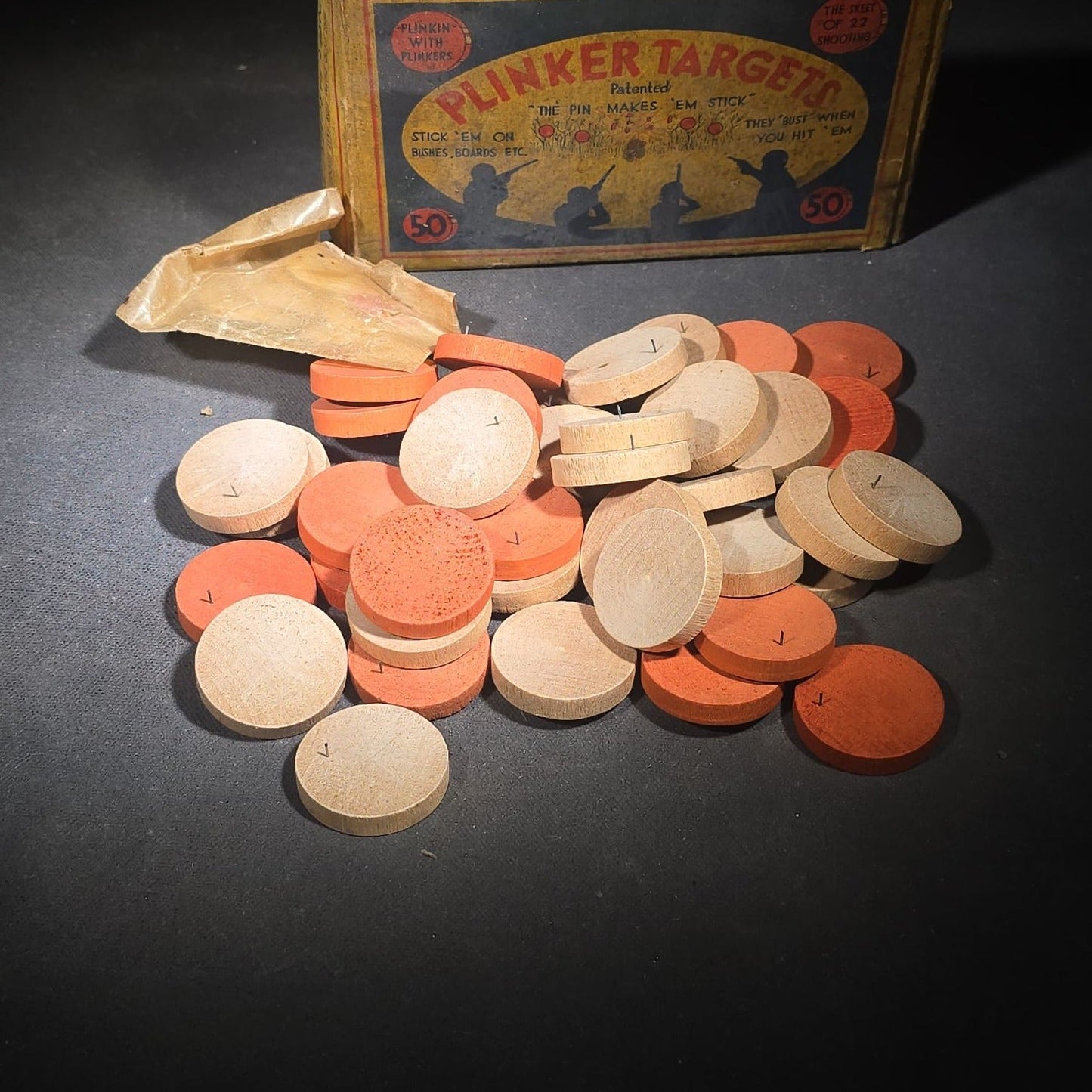 Vintage "Plinker Targets" Patented Wooden .22 Shooting Target Set in Original Box, Manufactured by E. L. Tebbets Spool Company, Lockes Mills, Maine