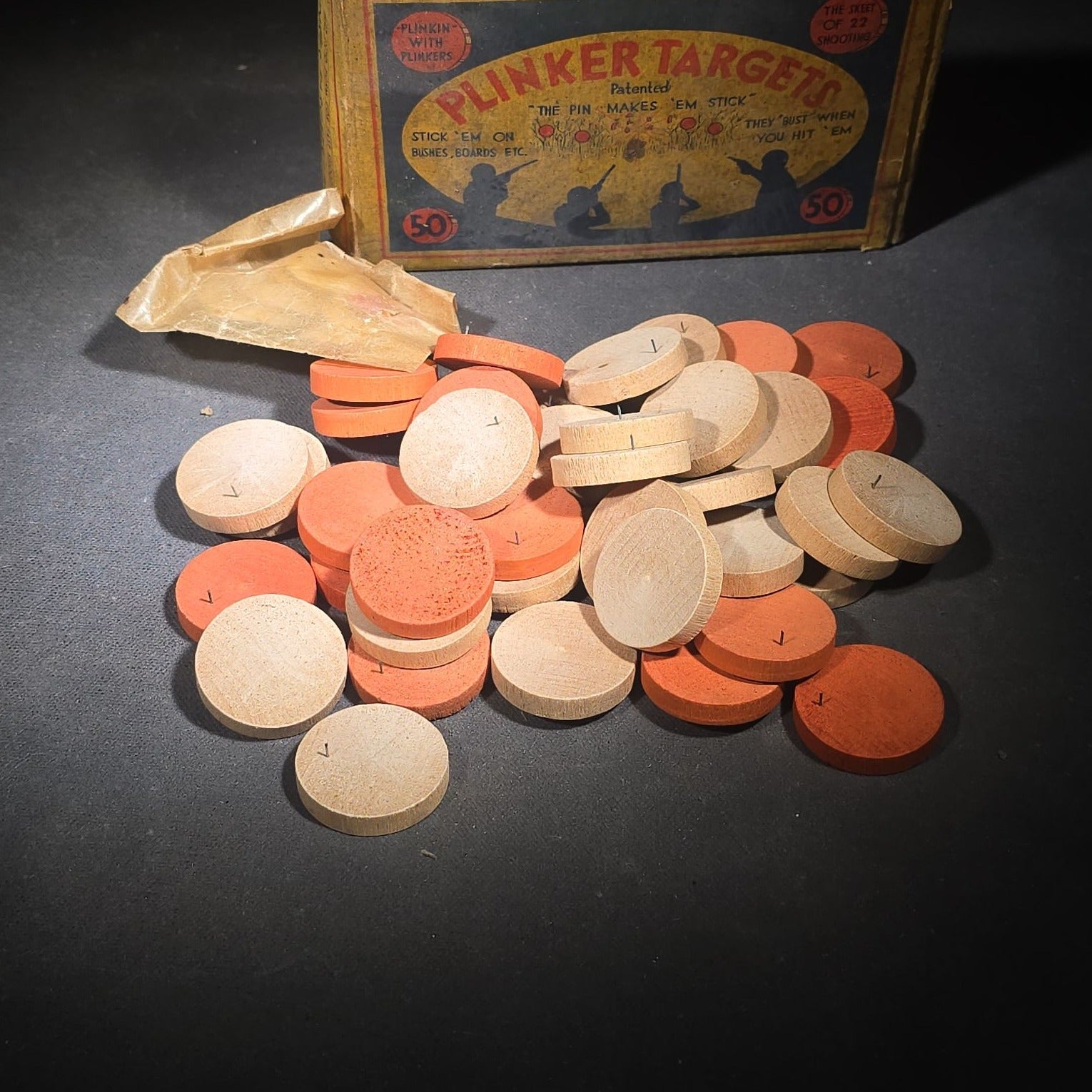 Vintage "Plinker Targets" Patented Wooden .22 Shooting Target Set in Original Box, Manufactured by E. L. Tebbets Spool Company, Lockes Mills, Maine