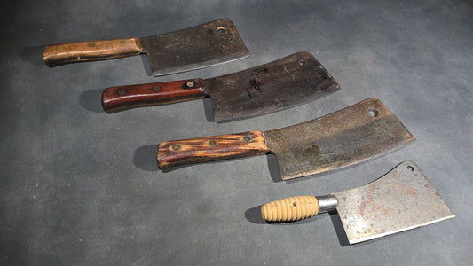 Grouping of Four Antique and Vintage Meat Cleavers including Foster Bros. Solid Steel No. 2190 and Magnetic Steel Warranted