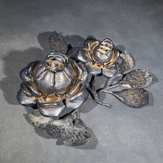 Vintage Silverplate Figural Rose Double Open Salt Cellar with Gilt-Washed Interiors and Foliate Branch Base
