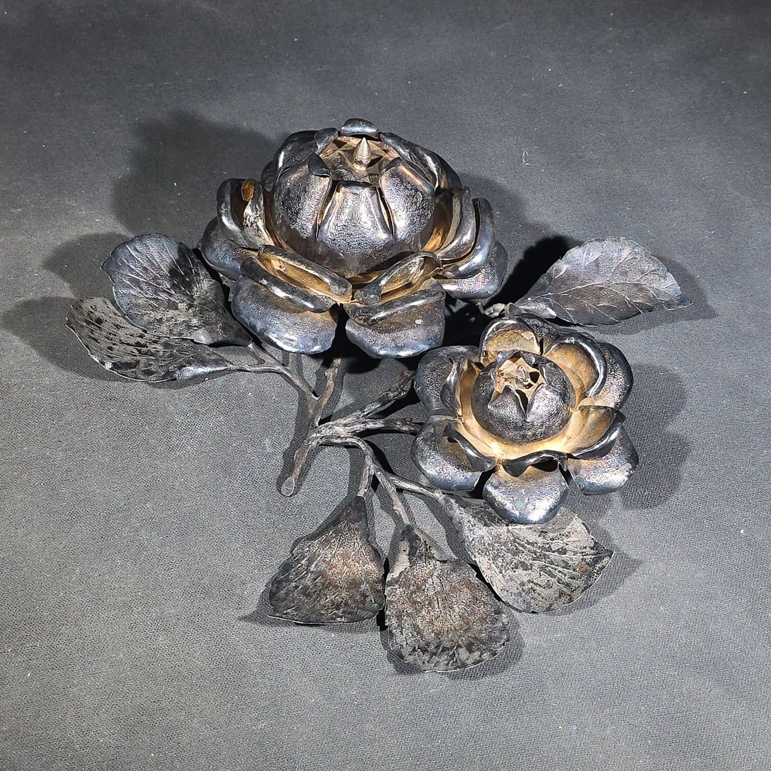 Vintage Silverplate Figural Rose Double Open Salt Cellar with Gilt-Washed Interiors and Foliate Branch Base