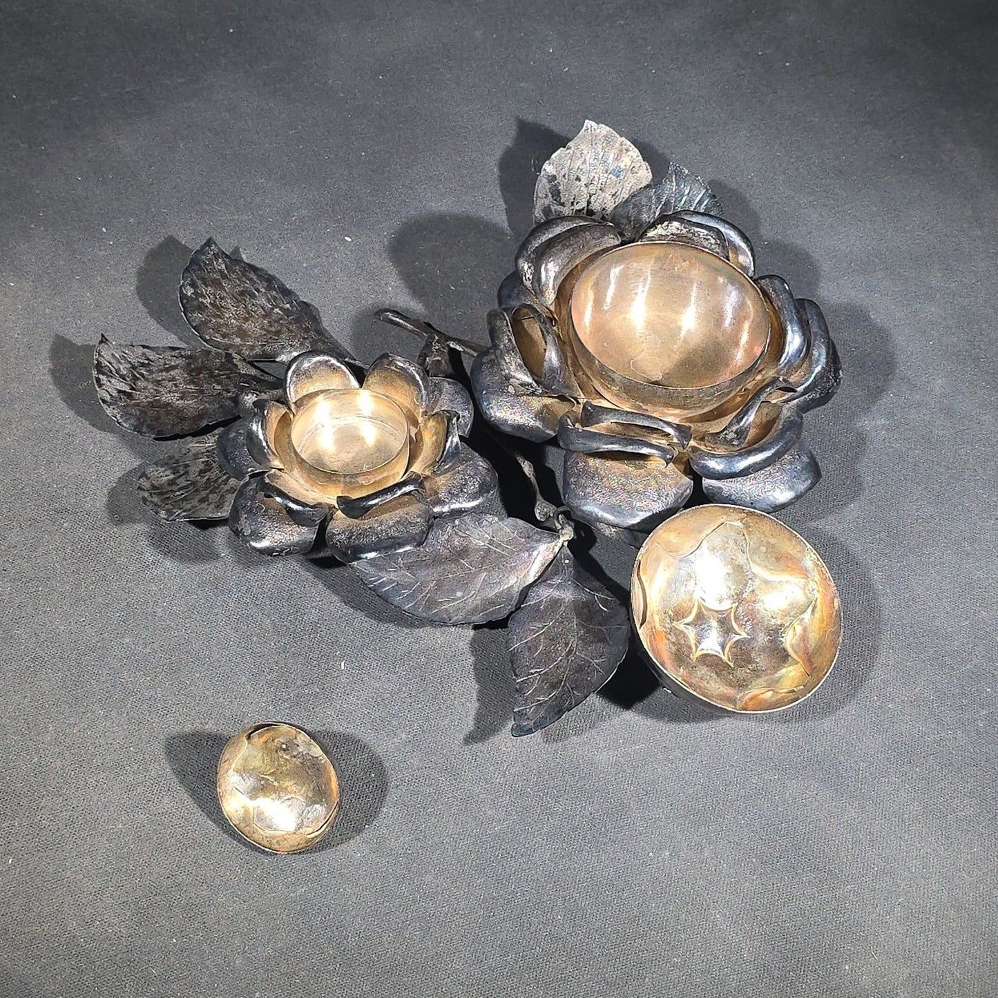 Vintage Silverplate Figural Rose Double Open Salt Cellar with Gilt-Washed Interiors and Foliate Branch Base