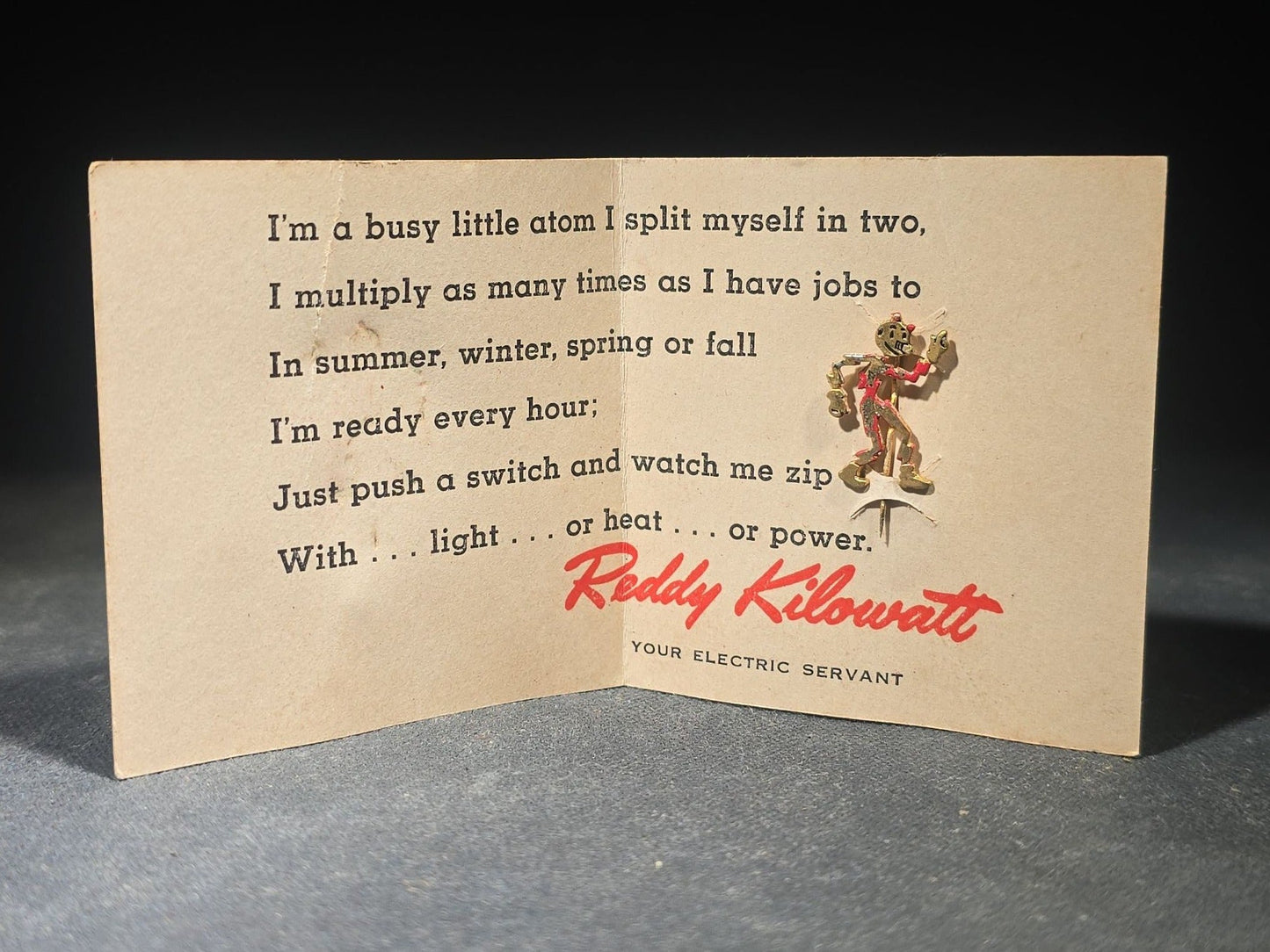 Vintage Reddy Kilowatt Figural Advertising Stick Pin on Original "I'm a Busy, Little Atom" Presentation Card, Copyright 1946