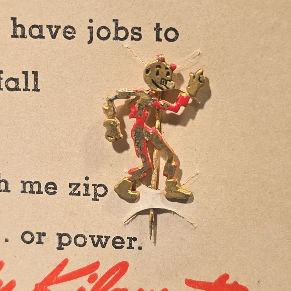 Vintage Reddy Kilowatt Figural Advertising Stick Pin on Original "I'm a Busy, Little Atom" Presentation Card, Copyright 1946