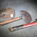 Lot 142 - Trio of Antique and Vintage Iron Hand Tools Including a Hoe Head, Round Knife with Wood Handle, and Hatchet