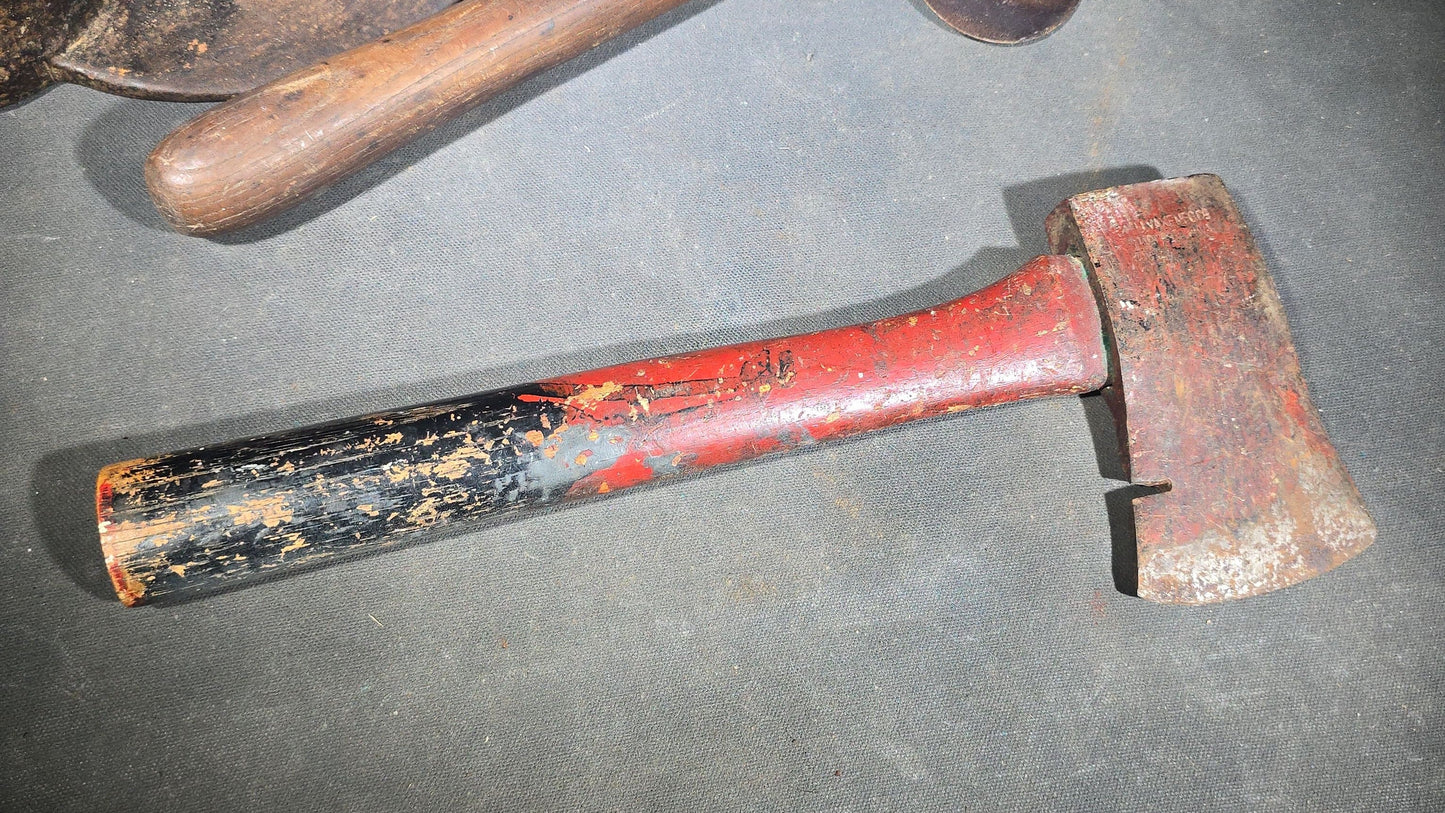Trio of Antique and Vintage Iron Hand Tools including a Hoe Head, Round Knife with Wood Handle, and Hatchet