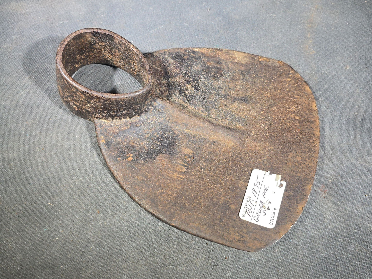 Trio of Antique and Vintage Iron Hand Tools including a Hoe Head, Round Knife with Wood Handle, and Hatchet