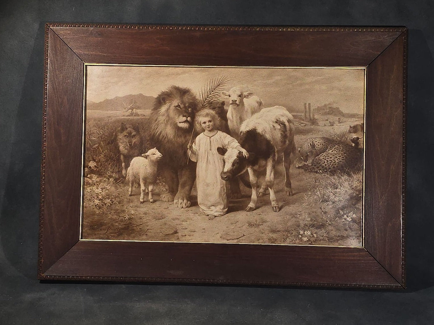 Antique Framed 1896 Sepia-Toned Print of "Peace" by William Strutt, Also Known as "A Little Child Shall Lead Them," Published by Hanfstaengl, Munich