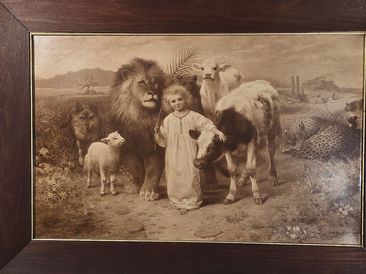 Antique Framed 1896 Sepia-Toned Print of "Peace" by William Strutt, Also Known as "A Little Child Shall Lead Them," Published by Hanfstaengl, Munich