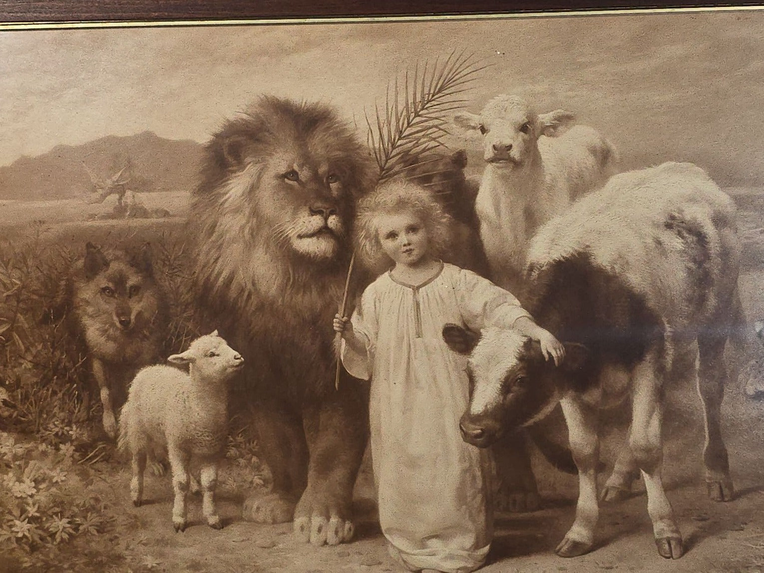 Antique Framed 1896 Sepia-Toned Print of "Peace" by William Strutt, Also Known as "A Little Child Shall Lead Them," Published by Hanfstaengl, Munich
