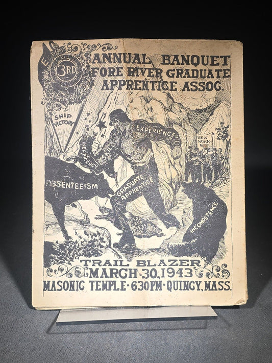 Vintage Illustrated Banquet Program for the 3rd Annual Fore River Graduate Apprentice Association "Trail Blazer" Banquet, Masonic Temple, Quincy, Massachusetts, March 30, 1943, Illustrated by John S. Germans