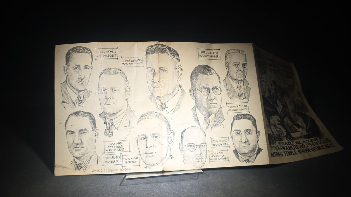 Vintage Illustrated Banquet Program for the 3rd Annual Fore River Graduate Apprentice Association "Trail Blazer" Banquet, Masonic Temple, Quincy, Massachusetts, March 30, 1943, Illustrated by John S. Germans
