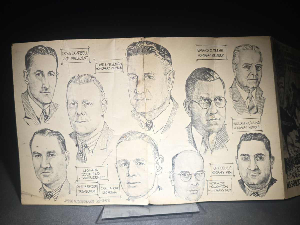 Vintage Illustrated Banquet Program for the 3rd Annual Fore River Graduate Apprentice Association "Trail Blazer" Banquet, Masonic Temple, Quincy, Massachusetts, March 30, 1943, Illustrated by John S. Germans