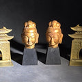 Lot 171 - Grouping of Four Vintage Brass Pieces Including Pair of Gilt Bodhisattva Head Busts on Stands and Pair of Korean Folding Bookends with Pagoda Gate Design