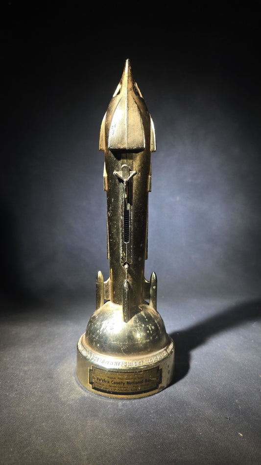 Vintage Metal Rocket Coin Bank Advertising Fairfax County National Bank, Falls Church, Virginia, Commemorating Alan B. Shepard Jr. First American in Space, 1961