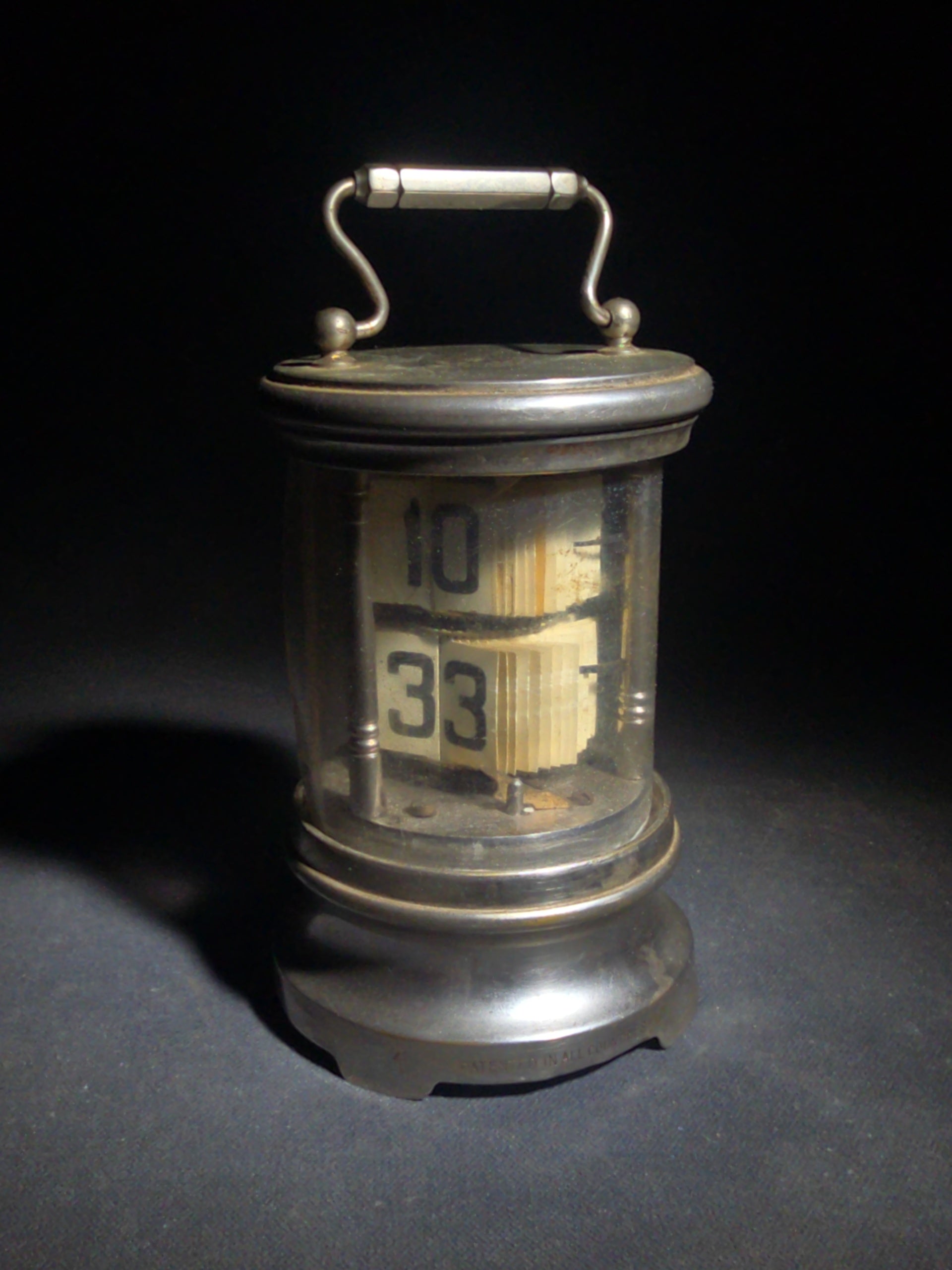 Antique Chronos Ever Ready Plato Flip Clock Marking, for Parts or Repair, Not Working, Missing Original Glass Cylinder Replaced with Plastic, Patented in All Countries