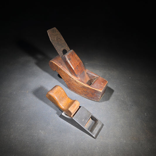 Pair of Antique Hand Planes including a Wooden Smoothing Plane with Charles Buck Cast Steel Blade and a Cast Iron Block Plane with Wooden Knob