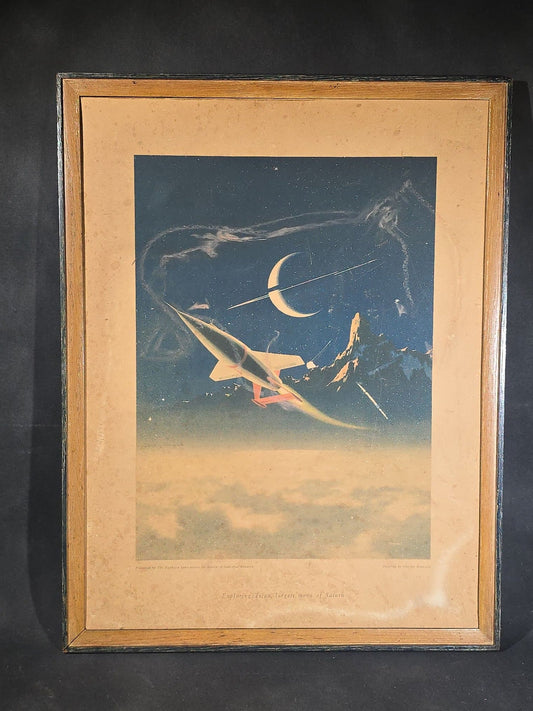 Vintage Framed Chesley Bonestell "Exploring Titan, Largest Moon of Saturn" Space Art Print, Presented by The Bjorksten Laboratories for Sponsored Industrial Research, Madison, Wisconsin