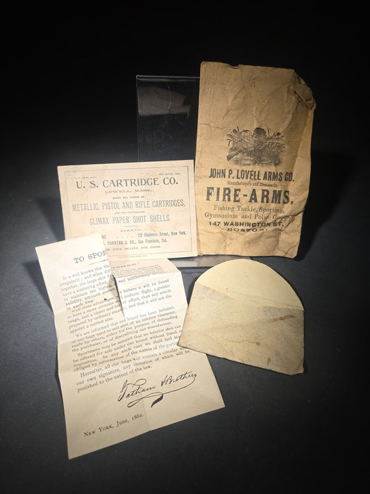 Trio of Antique Firearms and Ammunition Advertising Ephemera including John P. Lovell Arms Co. Paper Bag, U.S. Cartridge Co. Target Card, and 1862 Tatham Brothers "To Sportsmen!" Circular