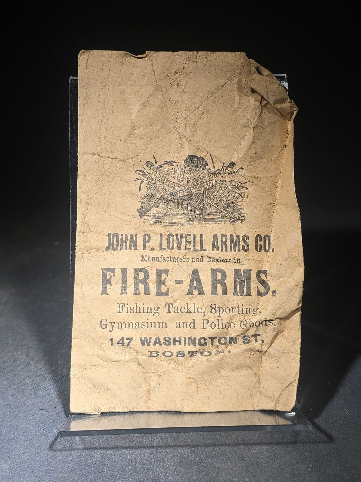 Trio of Antique Firearms and Ammunition Advertising Ephemera including John P. Lovell Arms Co. Paper Bag, U.S. Cartridge Co. Target Card, and 1862 Tatham Brothers "To Sportsmen!" Circular