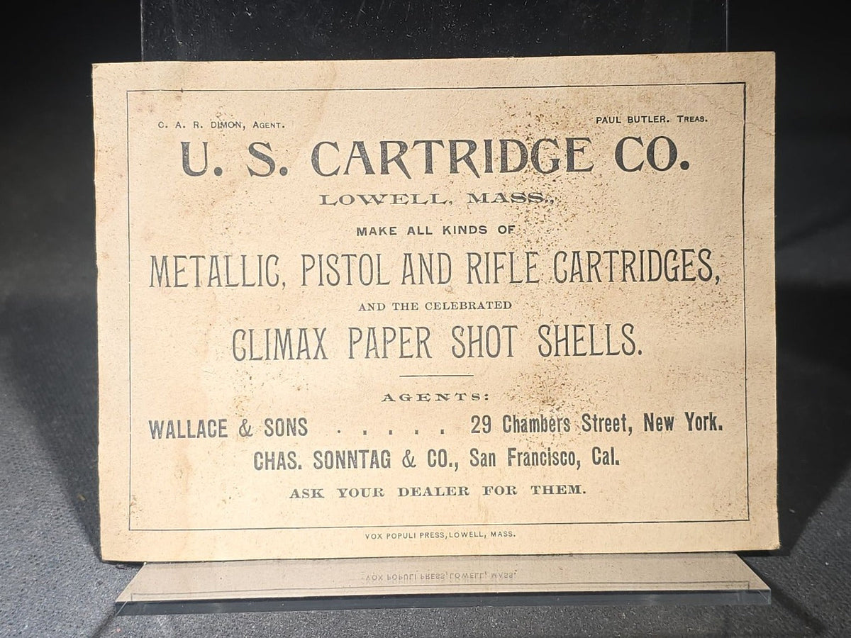 Trio of Antique Firearms and Ammunition Advertising Ephemera including John P. Lovell Arms Co. Paper Bag, U.S. Cartridge Co. Target Card, and 1862 Tatham Brothers "To Sportsmen!" Circular