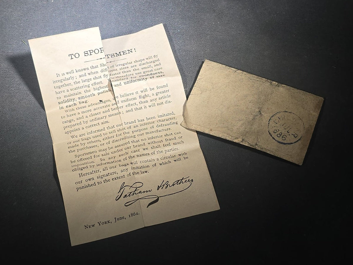 Trio of Antique Firearms and Ammunition Advertising Ephemera including John P. Lovell Arms Co. Paper Bag, U.S. Cartridge Co. Target Card, and 1862 Tatham Brothers "To Sportsmen!" Circular