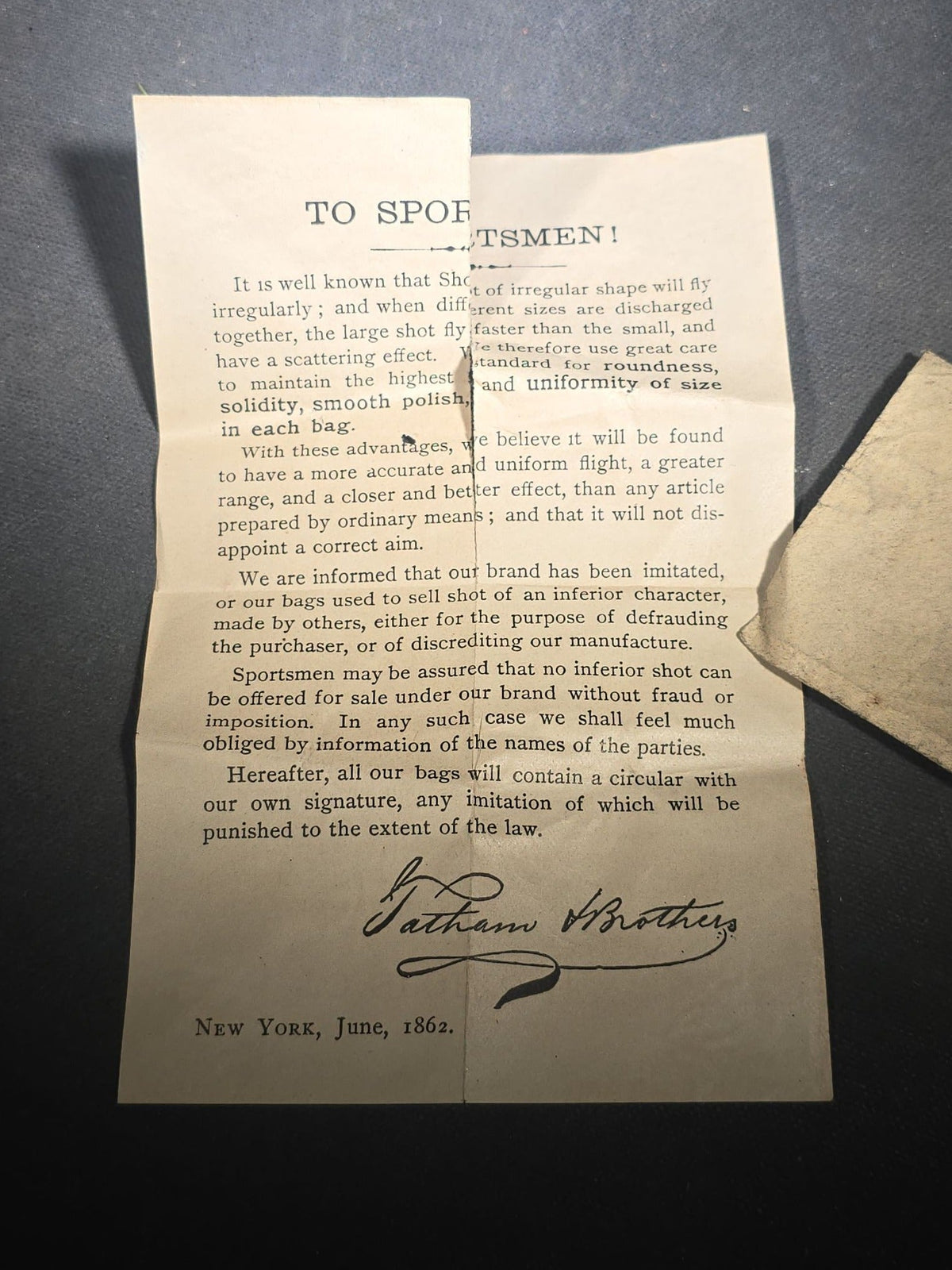 Trio of Antique Firearms and Ammunition Advertising Ephemera including John P. Lovell Arms Co. Paper Bag, U.S. Cartridge Co. Target Card, and 1862 Tatham Brothers "To Sportsmen!" Circular
