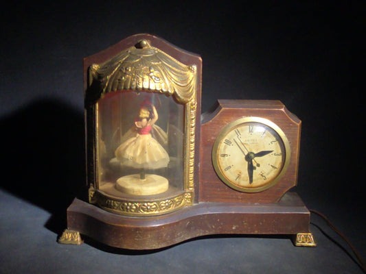 Vintage United Clock Model No. 870 Animated Ballerina Mantel Clock with Light and Music Box, Manufactured by United Metal Goods Mfg. Co. Inc., Brooklyn, New York