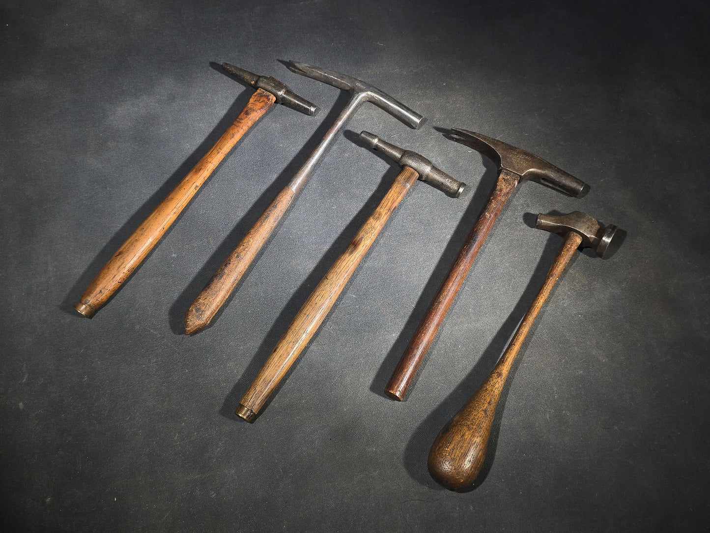 Grouping of Five Antique and Vintage Hammers with Wood Handles including Stubbs and Vaughan & Bushnell Mfg. Co. Chicago