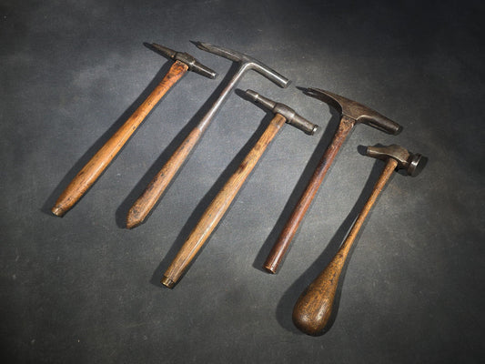 Grouping of Five Antique and Vintage Hammers with Wood Handles including Stubbs and Vaughan & Bushnell Mfg. Co. Chicago