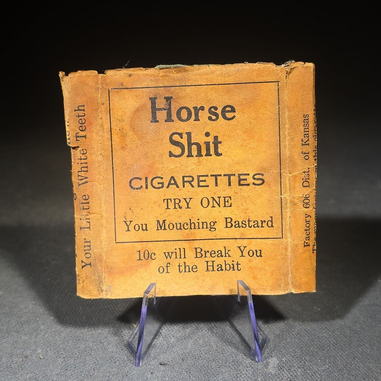 Vintage "Horse Shit Cigarettes" Novelty Gag Cigarette Pack Wrapper, "Try One You Mouching Bastard," Factory 606, District of Kansas