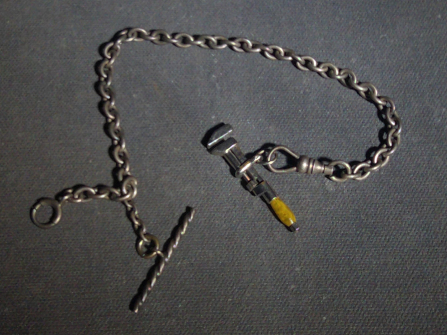 Antique Sterling Silver Pocket Watch Chain with Miniature Pipe Wrench Fob and Twisted T-Bar