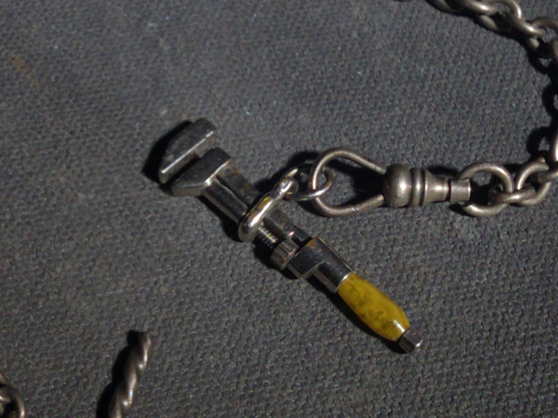 Antique Sterling Silver Pocket Watch Chain with Miniature Pipe Wrench Fob and Twisted T-Bar