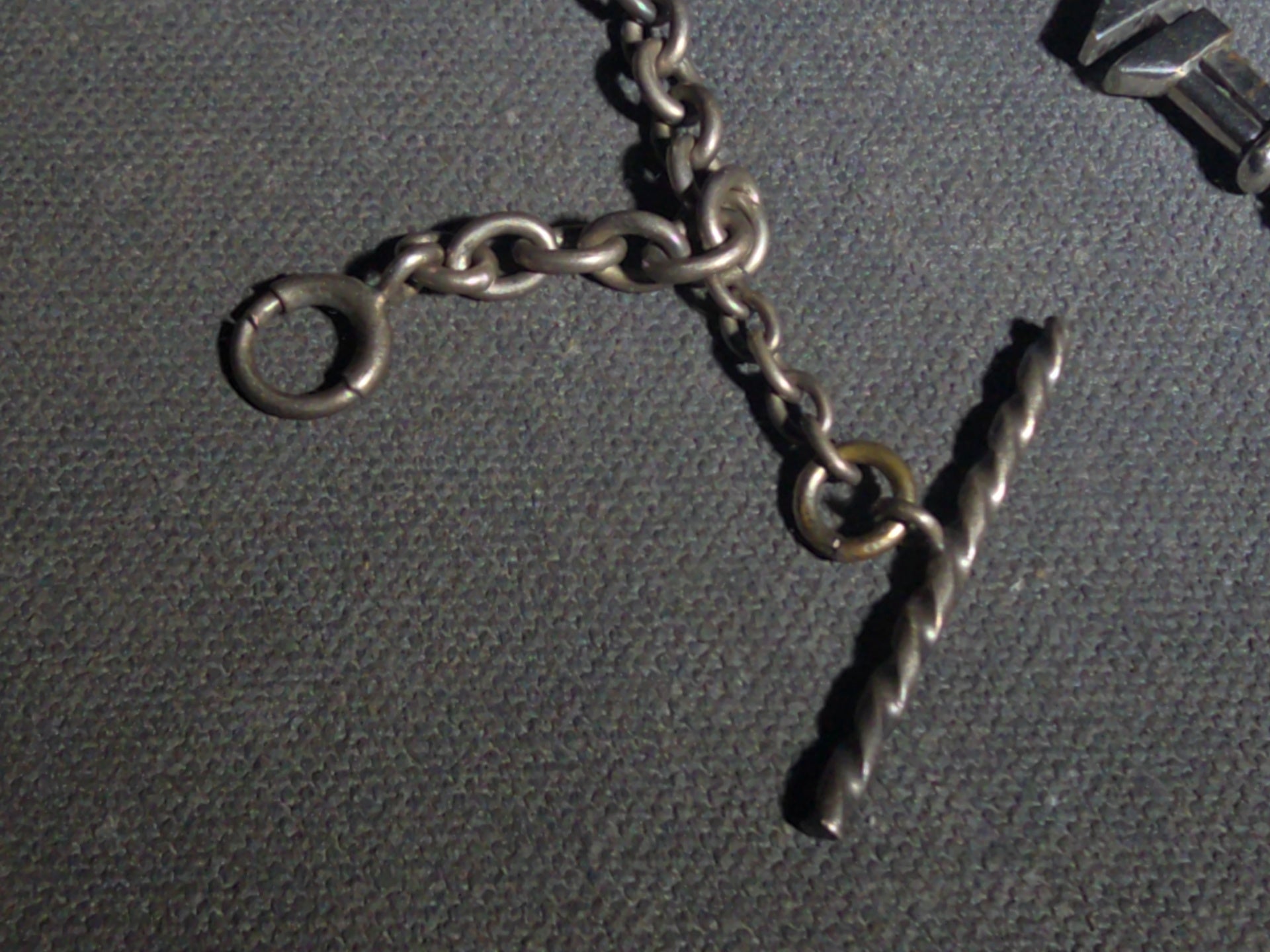 Antique Sterling Silver Pocket Watch Chain with Miniature Pipe Wrench Fob and Twisted T-Bar